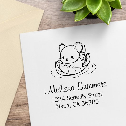 Cute Little Mouse Leaf Boat Address Rubberstempel