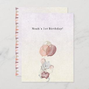 Cute Little Mouse With Pink Balloons Invitation Briefkaart
