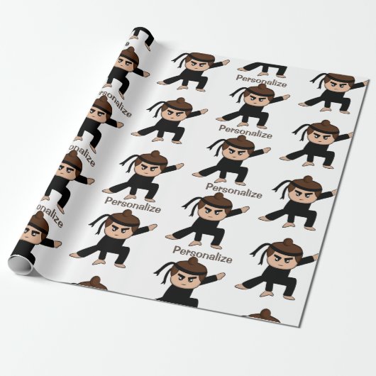 Cute Little Ninja Guy Cartoon Personalize Cadeaupapier (Uitgerold)