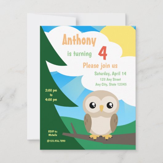 Cute Little Owl Birthday Invitation Kaart (Voorkant)