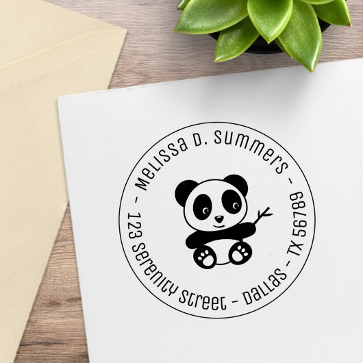 Cute Little Panda Bamboo Round Address 3 Rubberstempel