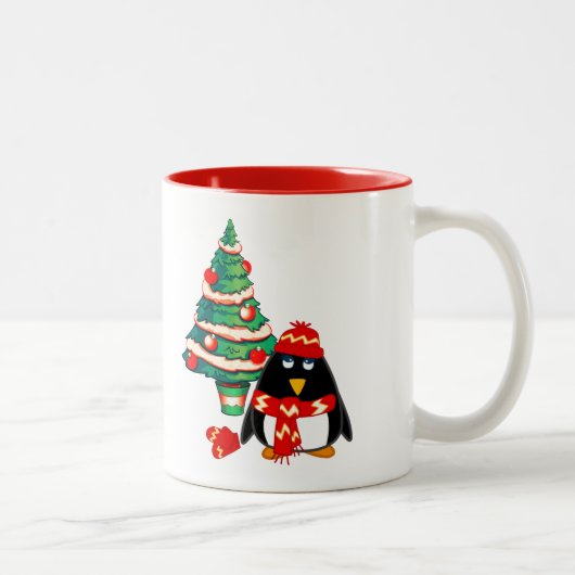Cute Little Penguin | Eigen naam kerstcadeautje Tweekleurige Koffiemok (Rechts)