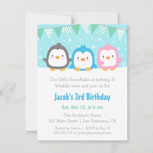 Cute Little Penguins Birthday Party Invitations Kaart (Voorkant)