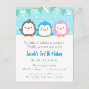 Cute Little Penguins Birthday Party Invitations Kaart