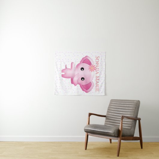 Cute Little Pink Baby Girl Elephant Wandkleed (In Situ (horizontaal))