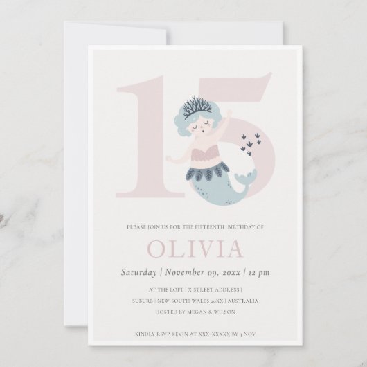 Cute Little Pink Blue Mermaid 15th Birthday Invite Bedankkaart (Voorkant)