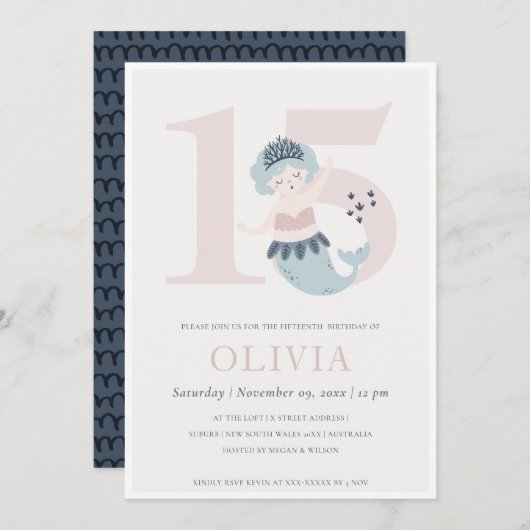 Cute Little Pink Blue Mermaid 15th Birthday Invite Bedankkaart (Voorkant / Achterkant)