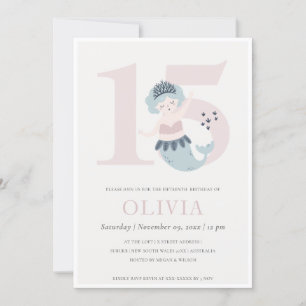 Cute Little Pink Blue Mermaid 15th Birthday Invite Bedankkaart