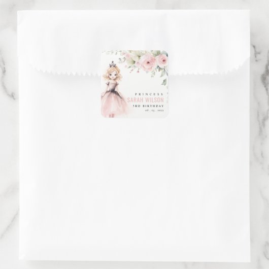 Cute Little Pink Princess Rose Floral Birthday Vierkante Sticker (Tas)