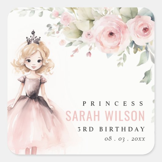 Cute Little Pink Princess Rose Floral Birthday Vierkante Sticker (Voorkant)
