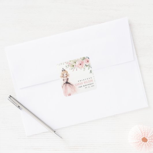 Cute Little Pink Princess Rose Floral Birthday Vierkante Sticker (Envelop)