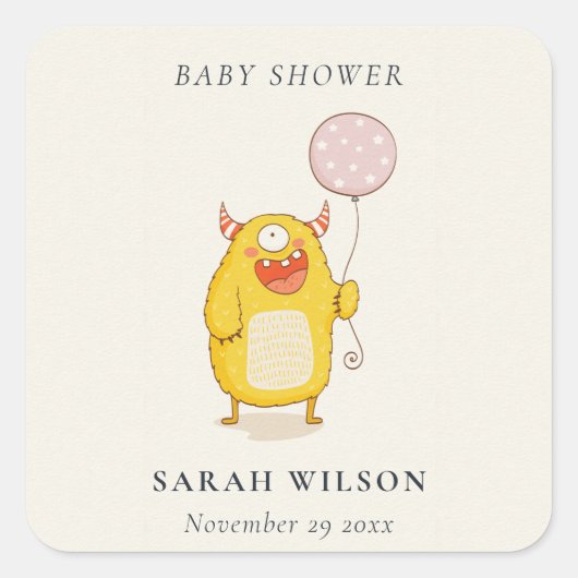 Cute Little Pink Yellow Happy Monster Baby shower Vierkante Sticker (Voorkant)