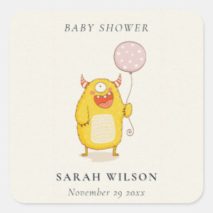 Cute Little Pink Yellow Happy Monster Baby shower Vierkante Sticker