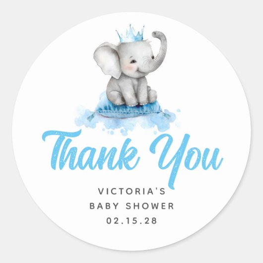 Cute Little Prince Elephant Blue Baby shower Ronde Sticker (Voorkant)