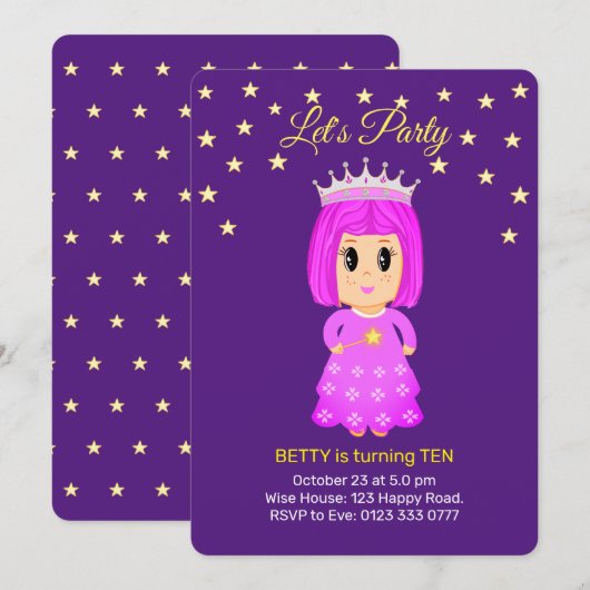 Cute Little Princess & Stars op Royal Paars Kaart (Voorkant / Achterkant)