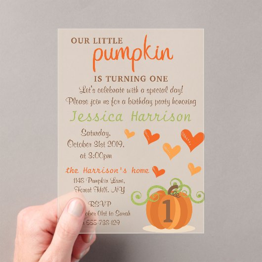Cute Little Pumpkin 1st Birthday Acryl Uitnodigingen (Insitu (Draagbaar))