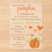 Cute Little Pumpkin 1st Birthday Acryl Uitnodigingen (Voorkant)