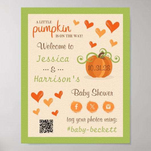 Cute Little Pumpkin Baby Shower Welcome Sign  Poster (Voorkant)