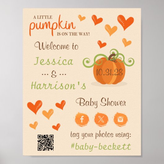 Cute Little Pumpkin Baby Shower Welcome Sign  Poster (Voorkant)