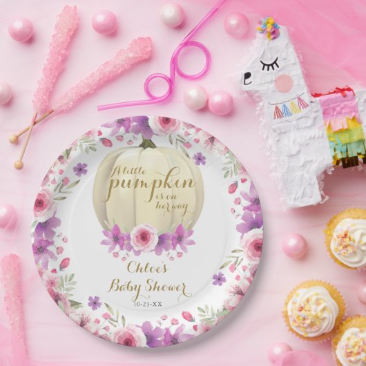 Cute Little Pumpkin Bloemige Baby Shower Papieren Bordje (Feest)