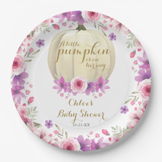 Cute Little Pumpkin Bloemige Baby Shower Papieren Bordje (Voorkant)