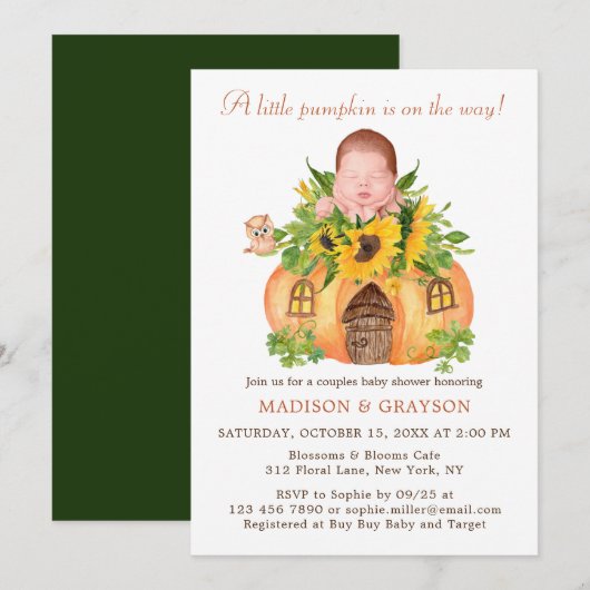 Cute Little Pumpkin Couples Baby shower Invitation Kaart (Voorkant / Achterkant)