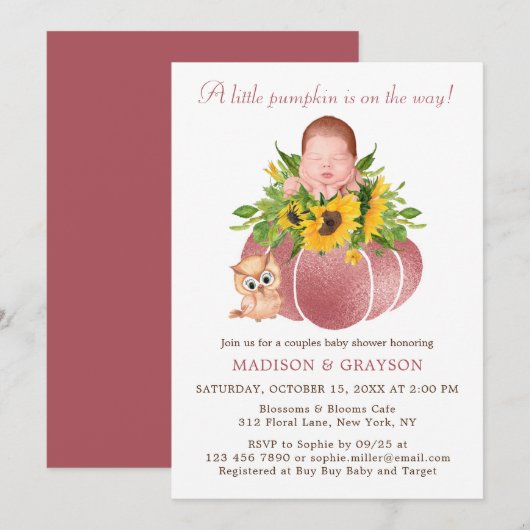 Cute Little Pumpkin Couples Baby shower Invitation Kaart (Voorkant / Achterkant)