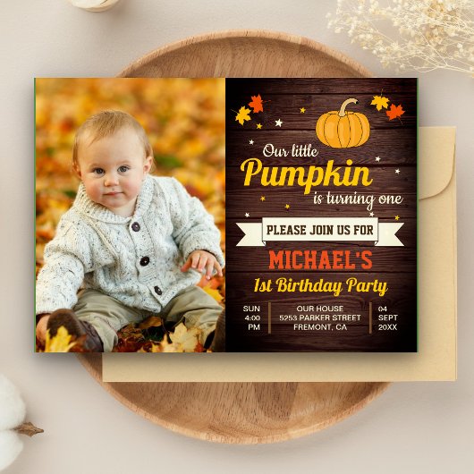 Cute Little Pumpkin Foto 1st Birthday Invitation Kaart
