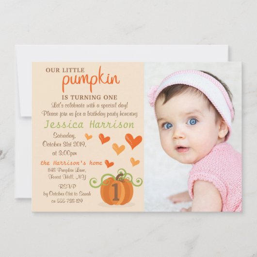 Cute Little Pumpkin Foto 1st Birthday Invitations Kaart (Voorkant)