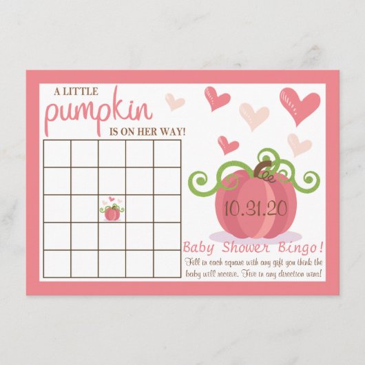 Cute Little Pumpkin Girls Baby shower Bingo Cards Kaart (Voorkant)