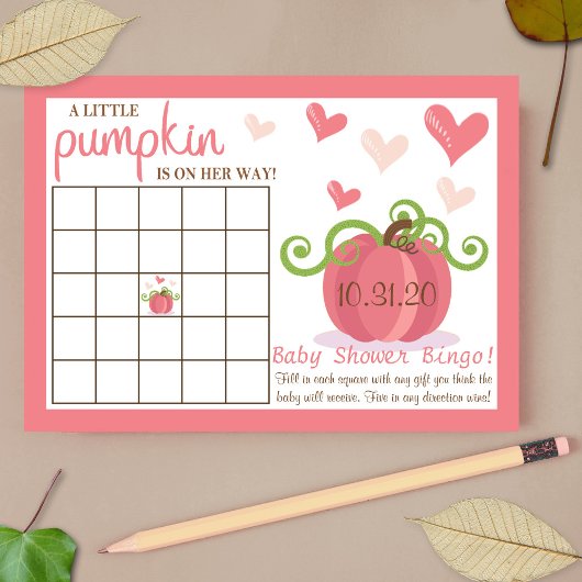 Cute Little Pumpkin Girls Baby shower Bingo Cards Kaart