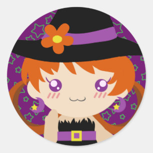 Cute Little Redhead Witch Girl Ronde Sticker