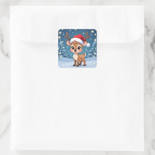 Cute little reindeer with Christmas hat Vierkante Sticker (Tas)
