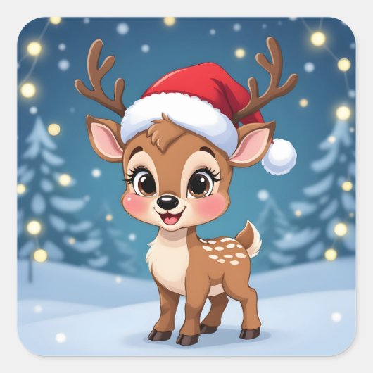 Cute little reindeer with Christmas hat Vierkante Sticker (Voorkant)