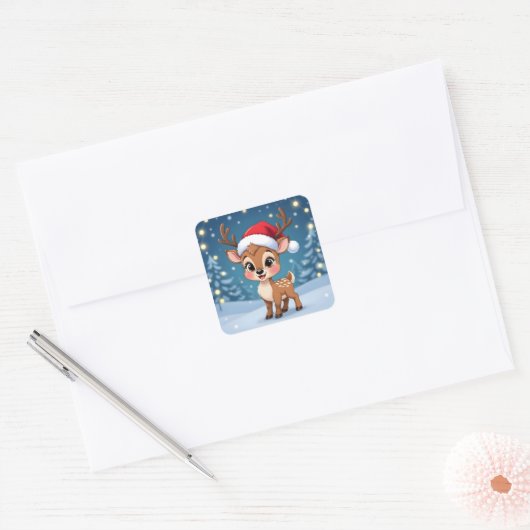 Cute little reindeer with Christmas hat Vierkante Sticker (Envelop)