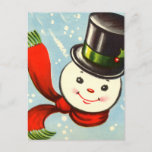 Cute Little Retro Snowman Feestdagenkaart<br><div class="desc">kleurenillustratie van een schattig rondsneeuwhoofd met zwarte bovenste hoed en rode sjaal in groen getrimd.</div>