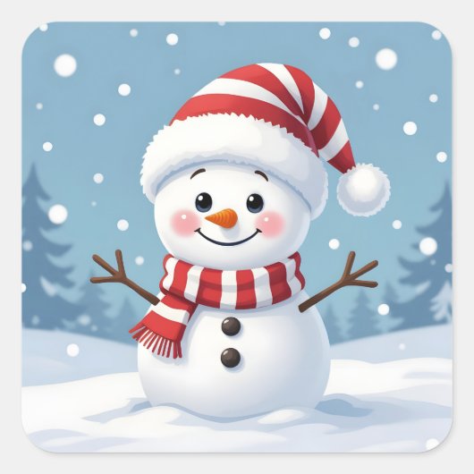 Cute little snowman with scarf & hat vierkante sticker (Voorkant)