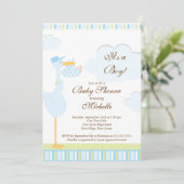 Cute Little Stork Boy Baby shower Invitation Kaart (Staand voorkant)