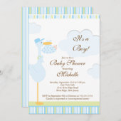 Cute Little Stork Boy Baby shower Invitation Kaart (Voorkant / Achterkant)