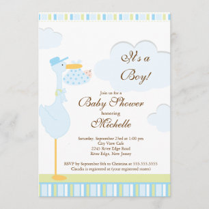 Cute Little Stork Boy Baby shower Invitation Kaart