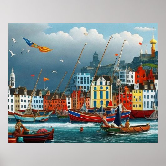 Cute Little Tourist town Modern harbour fantasy Poster (Voorkant)