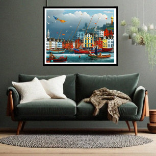 Cute Little Tourist town Modern harbour fantasy Poster