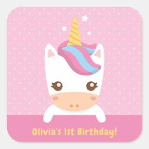Cute Little Unicorn Eerste Verjaardagsfeest Sticke Vierkante Sticker
