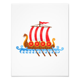 Cute Little Viking Ship Cartoon Illustration Foto Afdruk
