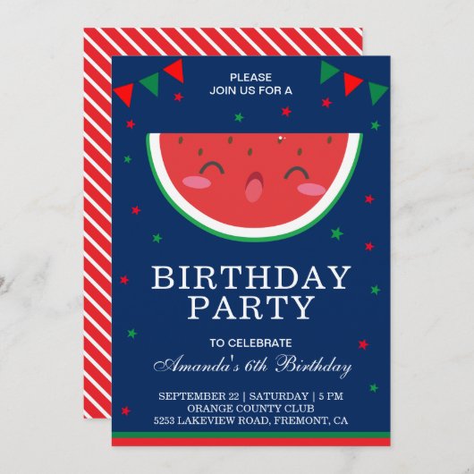 Cute Little Watermelon Birthday Party Invitation Kaart (Voorkant / Achterkant)