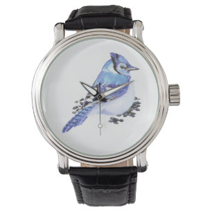 Cute Little Waterverf Blue Jay Bird Natuur Art Horloge