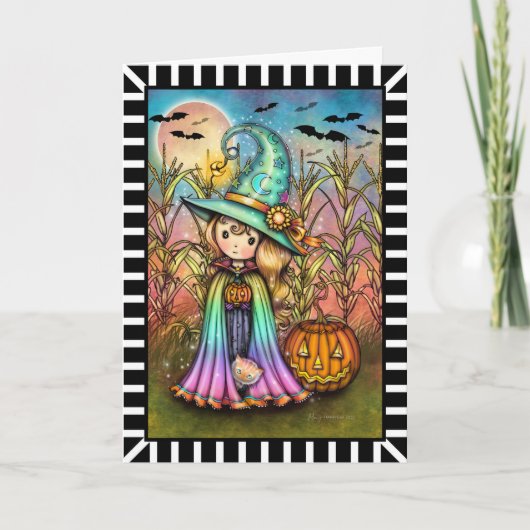 Cute Little Witch and Cat Halloween Kaart (Voorkant)
