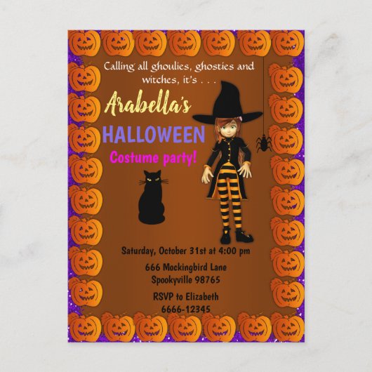 Cute Little Witch Children's Halloween Invitation Briefkaart (Voorkant)