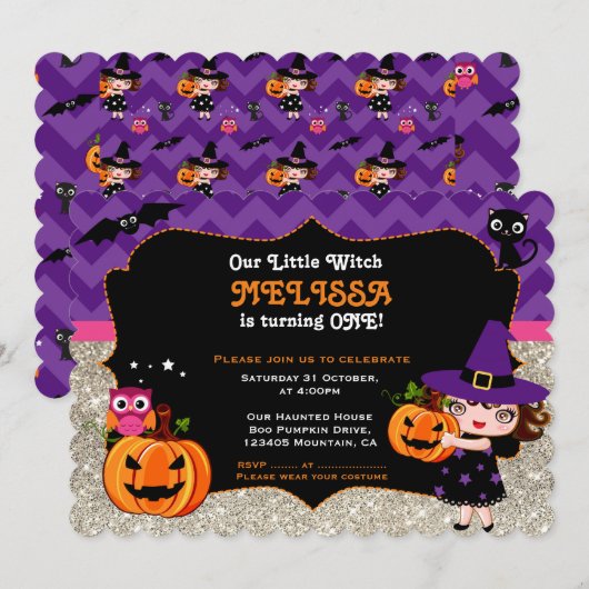 Cute Little Witch First Birthday uitnodiging (Voorkant / Achterkant)