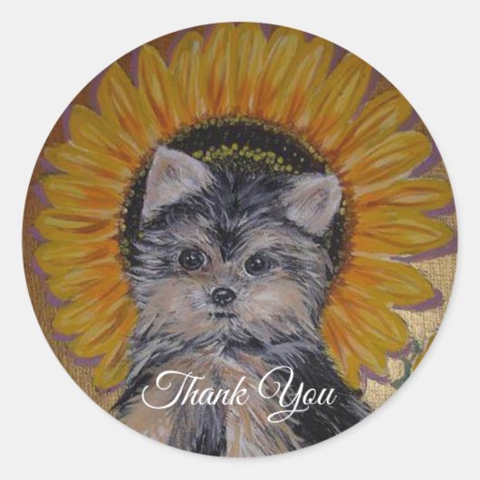 Cute Little Yorkie en Sunflower Bedankt Ronde Sticker (Voorkant)